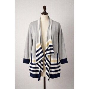 St. John Sport Wool Blend Drape Cardigan Navy Gray Stripe Pockets Size M